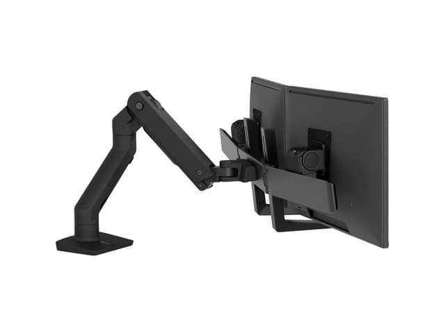 Ergotron HX Desk Dual Monitor Arm holding two monitors