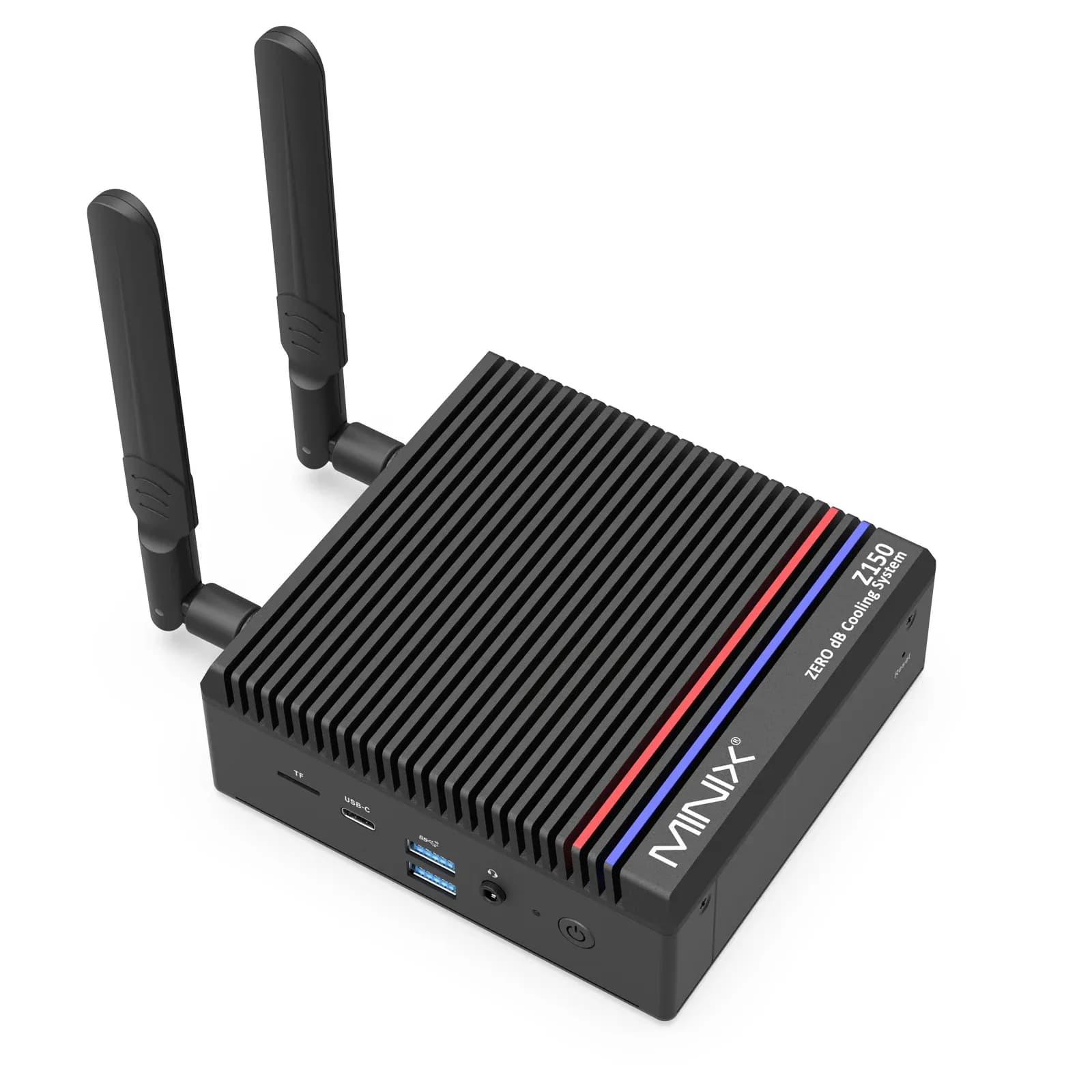 MINIX Z150-0dB fanless mini PC with two Wi-Fi antennas