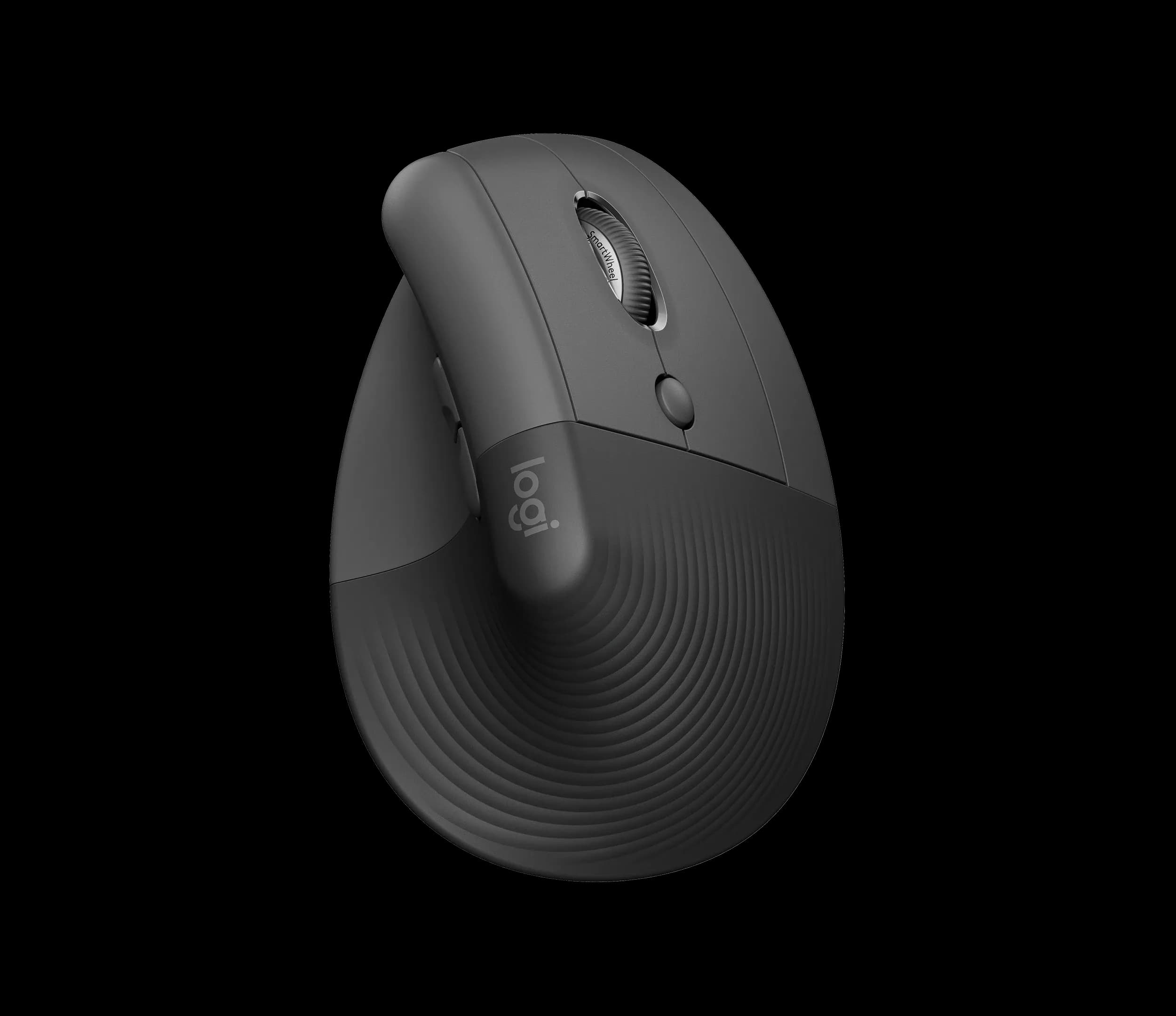 Logitech Lift vertical ergonomic mouse in Graphite, seen from above at an angle