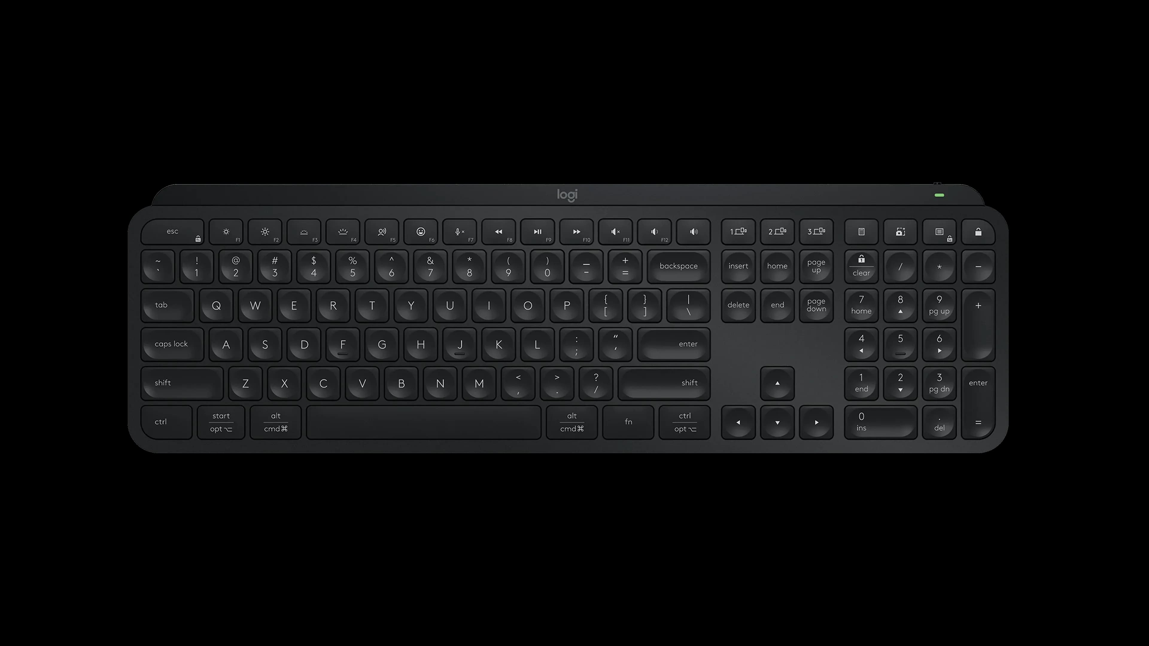 Logitech MX Keys S low-profile wireless keyboard with number pad in Black, seen from above