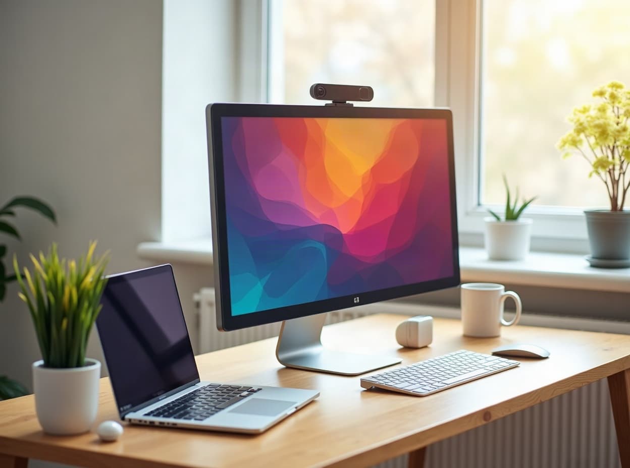 A bright home office desk with a laptop, external monitor, webcam, keyboard and plants