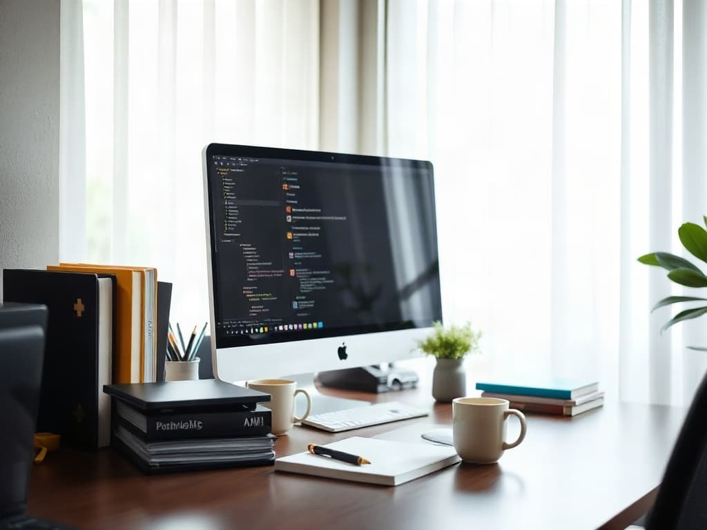 Espace de travail à domicile avec écran à hauteur des yeux et bureau organisé