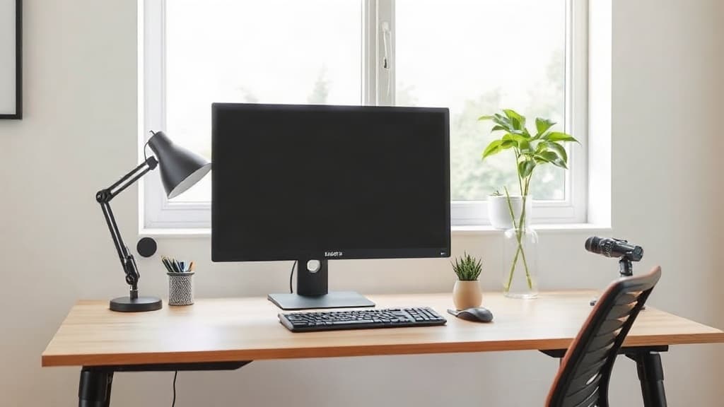 Bureau de télétravail moderne avec écran externe et espace de travail épuré