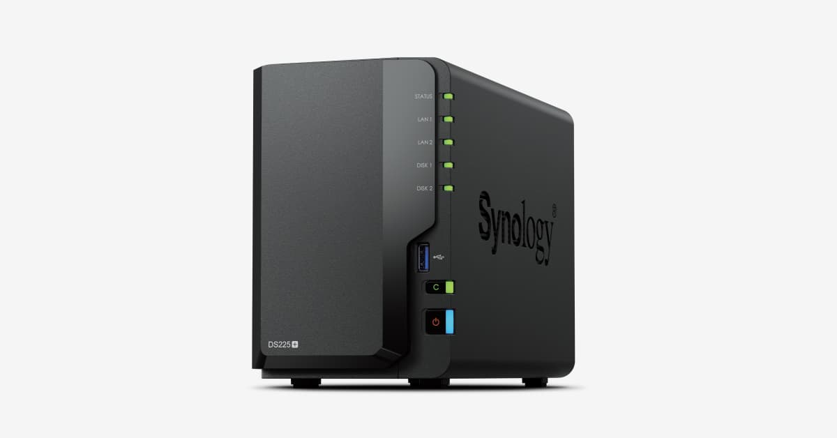 Synology DiskStation DS225+ two-bay NAS, front and side view