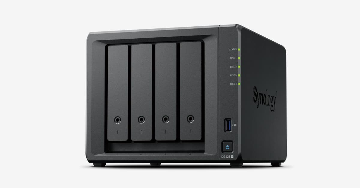 Synology DiskStation DS425+ four-bay NAS, front and side view