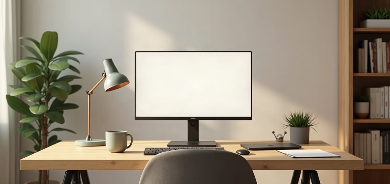 A tidy home office with a monitor, desk lamp, laptop and office chair at a light oak desk