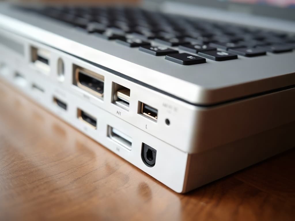 Gros plan sur les ports d’un ordinateur portable sur un bureau.