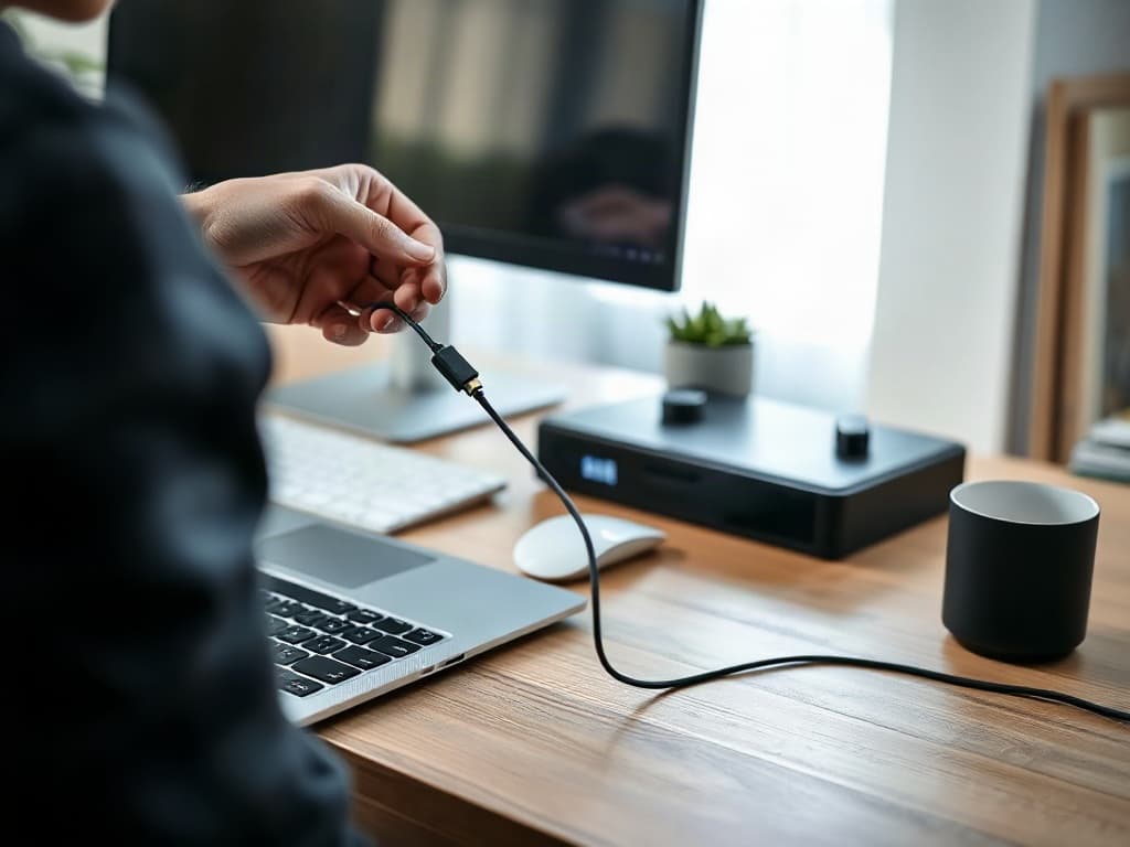 Connexion d’un câble USB-C à un ordinateur portable dans un espace de travail.