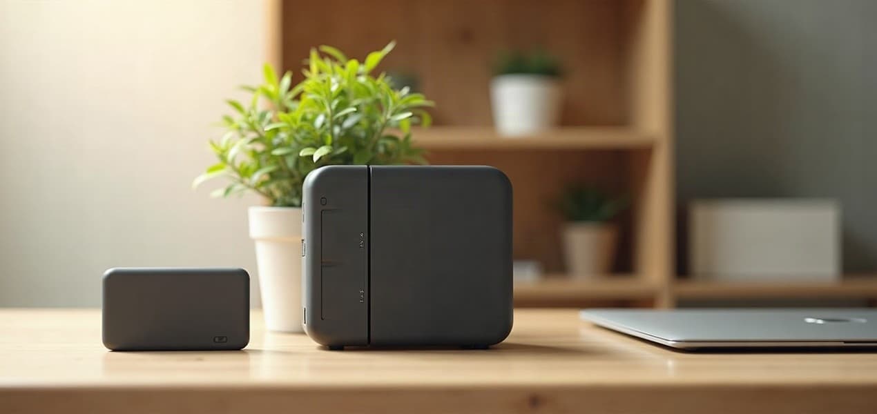A network storage box and a small external drive beside a closed laptop on a light oak desk