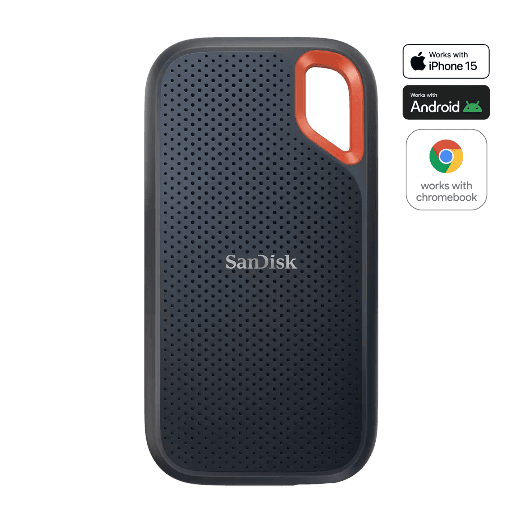 SanDisk Extreme Portable SSD with its carabiner loop, front view