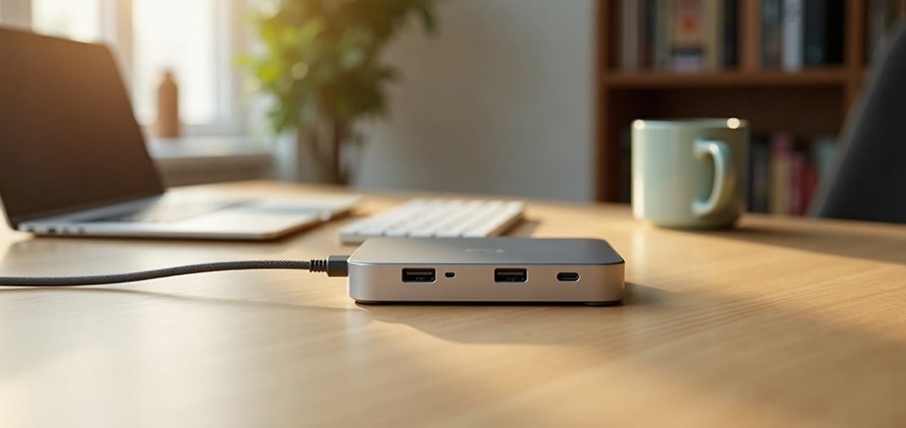A slim silver USB-C docking station on a light oak desk, connected to a laptop by one braided cable