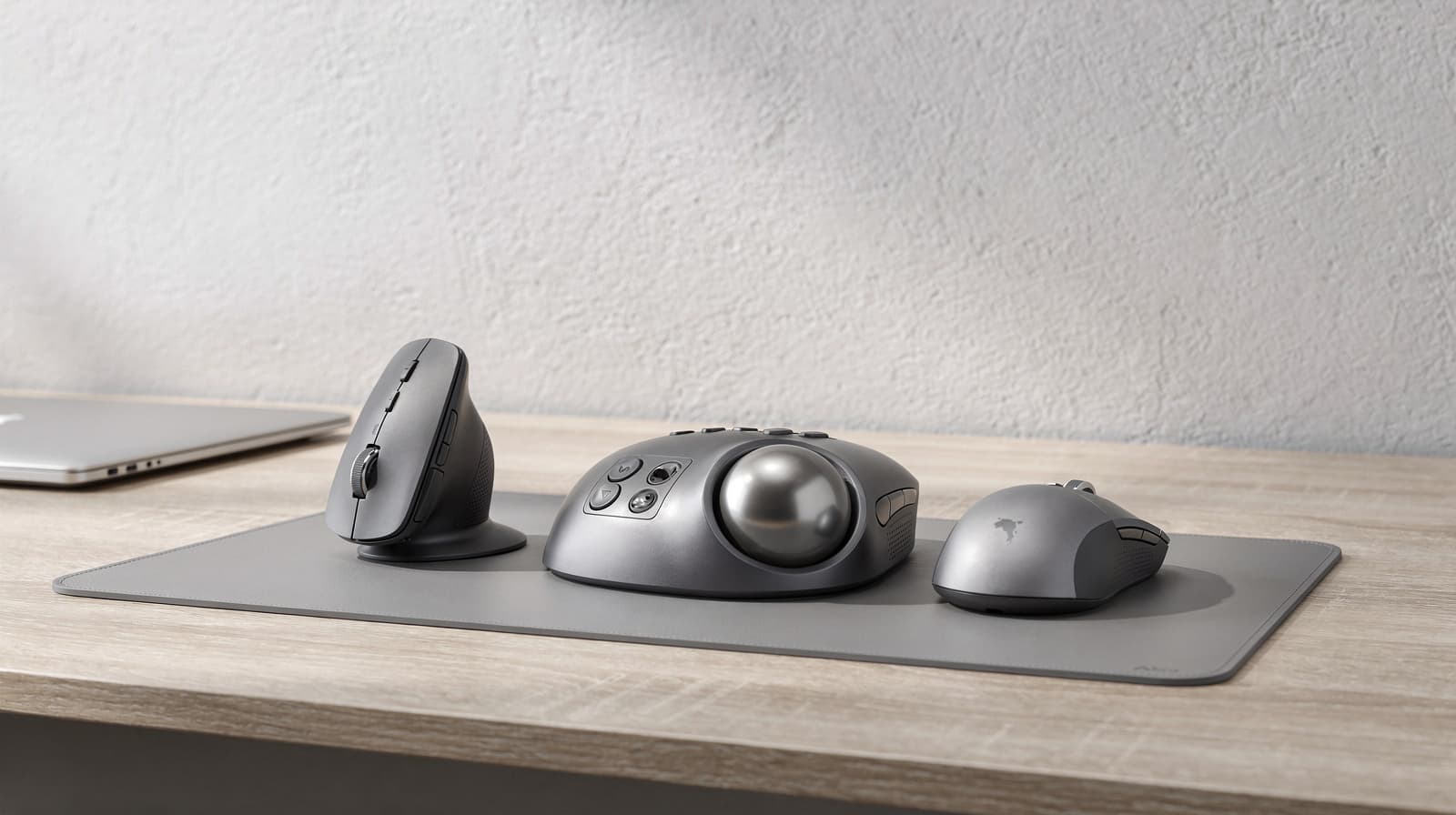 Vertical mouse, trackball and conventional mouse arranged on a grey desk mat